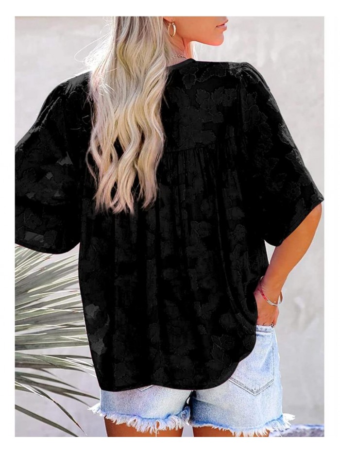 Women's Summer 3/4 Bell Sleeve Tee T Shirts Chiffon Blouses Floral Babydoll Lace Tunic Tops 