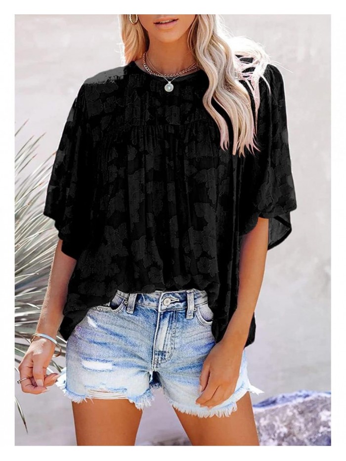 Women's Summer 3/4 Bell Sleeve Tee T Shirts Chiffon Blouses Floral Babydoll Lace Tunic Tops 