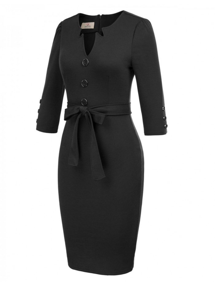 KARIN Women Retro 3/4 Sleeve Work Office Business Pencil Dress with Belt 