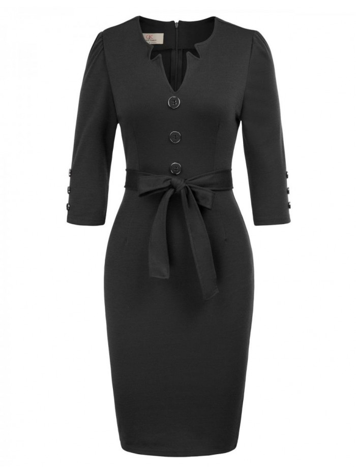 KARIN Women Retro 3/4 Sleeve Work Office Business Pencil Dress with Belt 