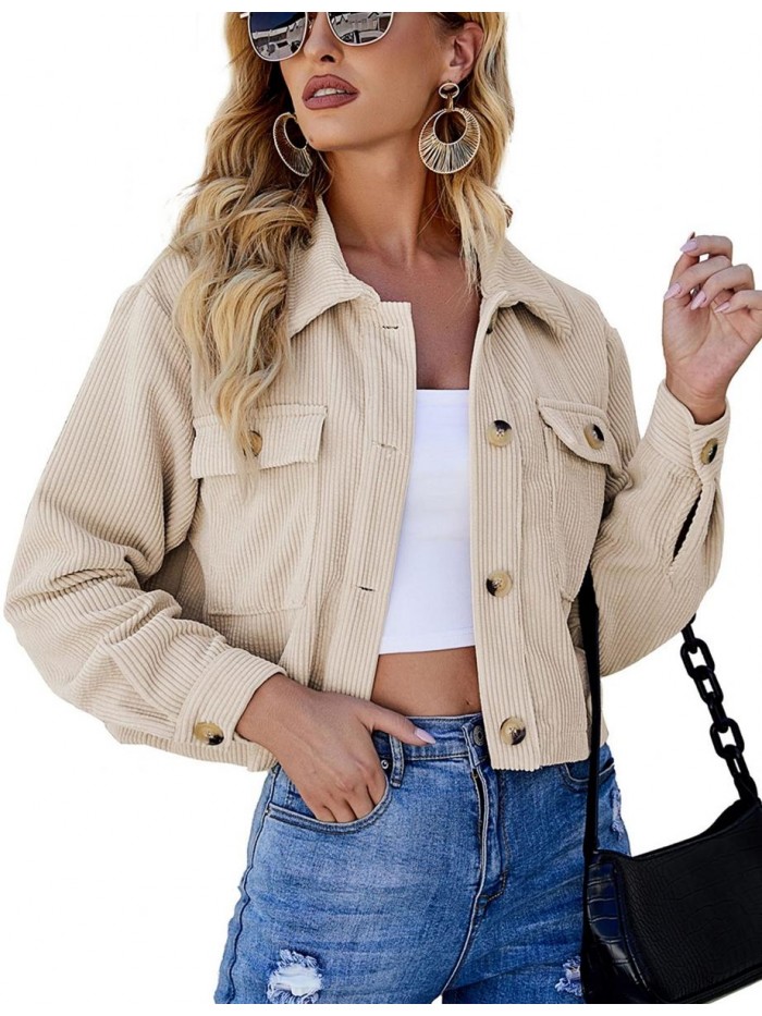 Womens Cute Cropped Corduroy Jacket Beige Button Down Shirt Shackets 