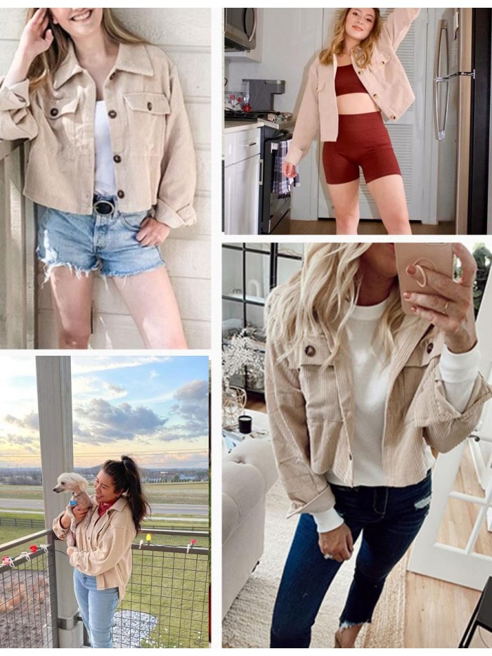 Womens Cute Cropped Corduroy Jacket Beige Button Down Shirt Shackets 