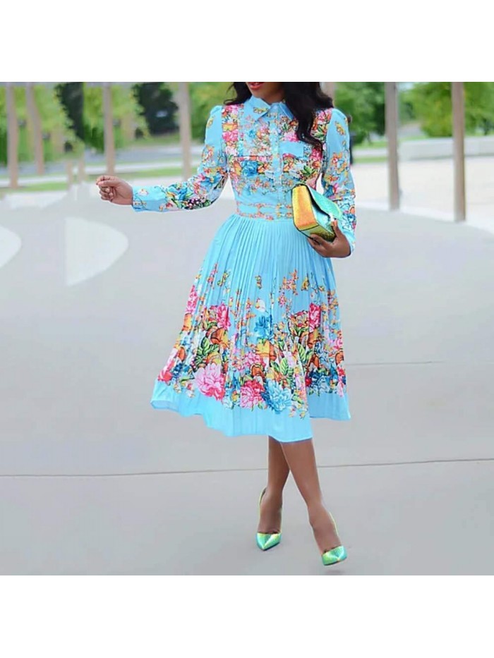 Lapel Three-Quarter Sleeve Knee Length Pleated Floral Women's Sheath Dress 