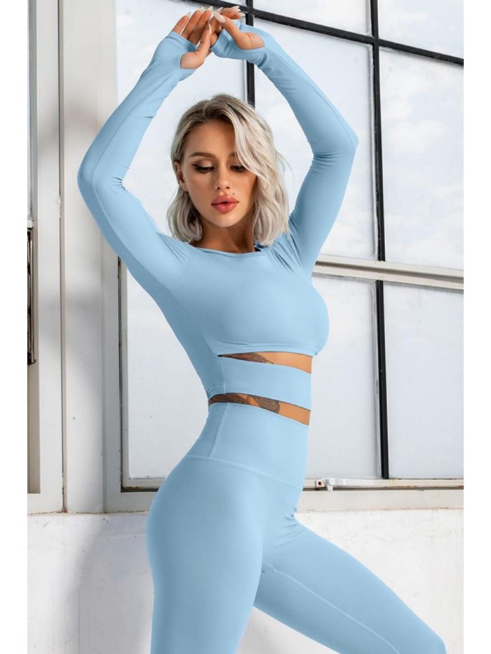 Workout Outfits for Women 2 Piece Long Sleeve Cutout Crop Tops Tummy Control Leggings Sets 