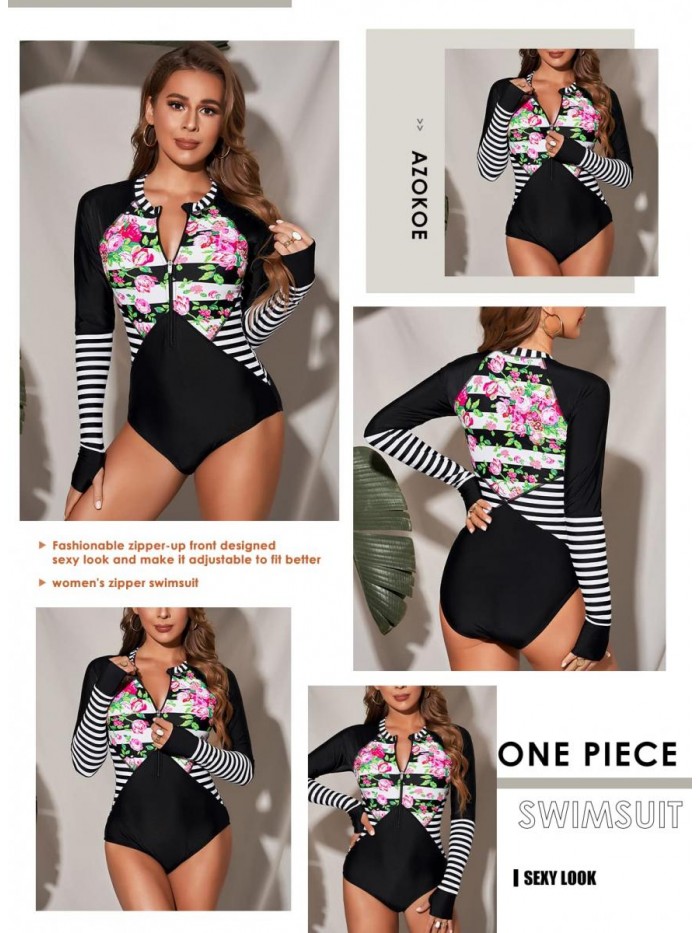 Womens Summer Beach Printed Zip Front Maillot One Piece Swimsuit Swimwear 