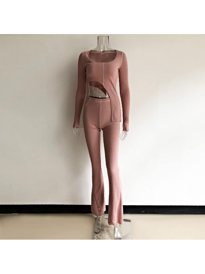 Women's Ribbed Asymmetric Crop Top Flare Pants Sets Outfits Tracksuit 