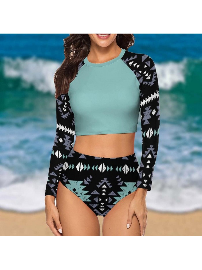 Womens Rash Guard Swimsuit 2 Piece Long Sleeve Sun Protection Bikini Swimwear Bathing Suit 