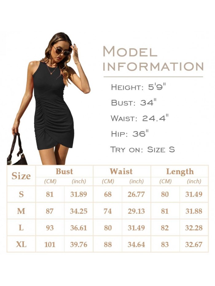 Women Casual Summer Tank Club Dress Crew Neck Sleeveless Bodycon Ruched Tulip Hem Ribbed Shirt Short Mini Dresses 