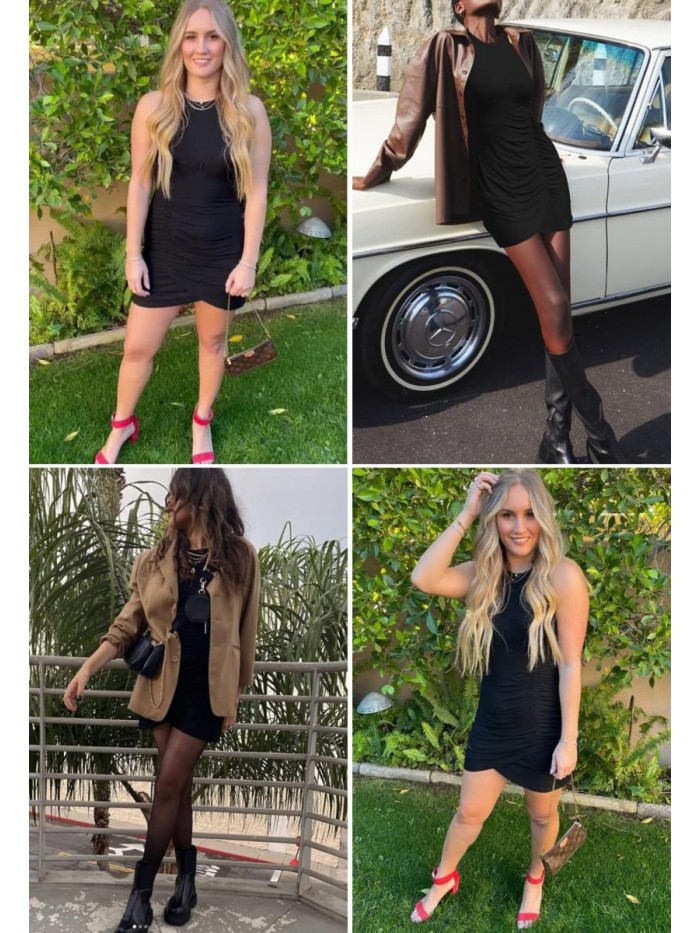 Women Casual Summer Tank Club Dress Crew Neck Sleeveless Bodycon Ruched Tulip Hem Ribbed Shirt Short Mini Dresses 