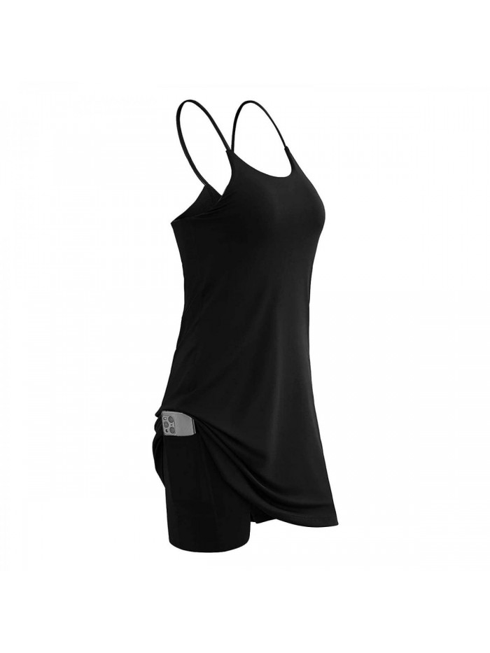 Exercise Workout Dress with Built-in Bra & Shorts Sleeveless Tennis Golf Athletic Dress with Pockets 