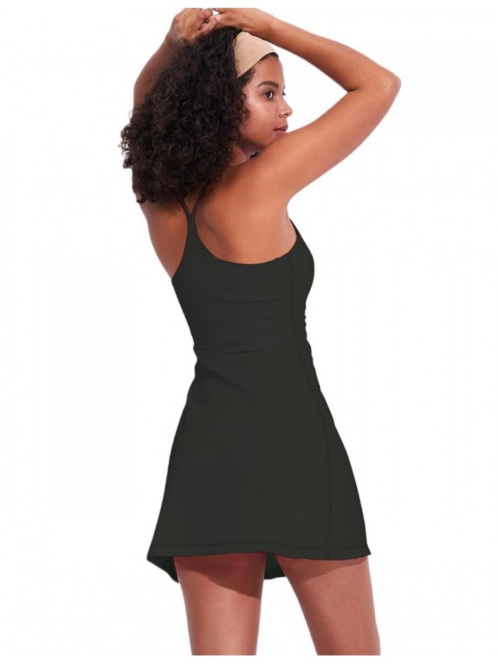 Exercise Workout Dress with Built-in Bra & Shorts Sleeveless Tennis Golf Athletic Dress with Pockets 