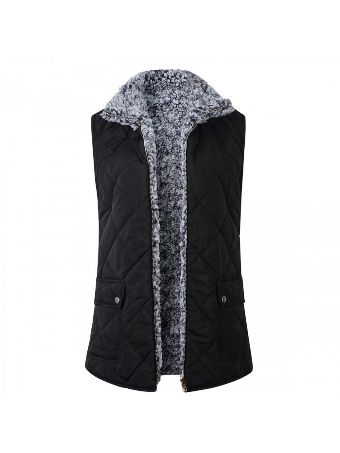 Reversible Lightweight Quilted Zipper Vest with Pockets, Ladies Leopard Print Sleeveless Jackets Outwear 