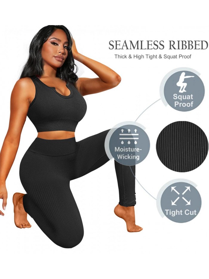 2 Piece Workout Sets outfits for Women, Seamless Padded Cropped Top Sports Bra and High Waist Yoga Leggings Clothes 