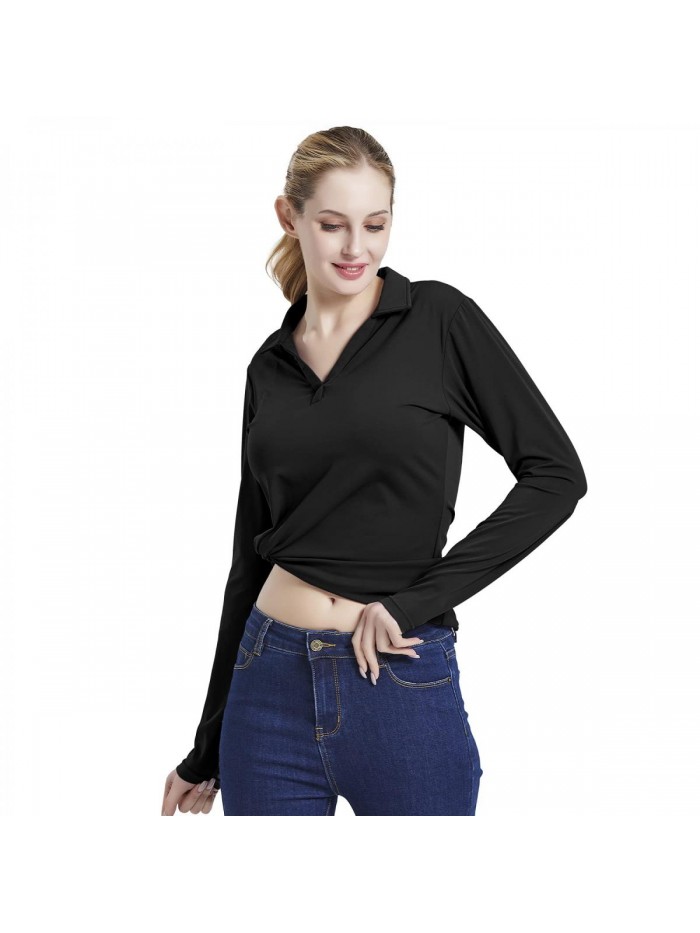 Polo Shirt for Women Long Sleeve Golf Top Moisture Wicking Collared V Neck Casual T Shirt 