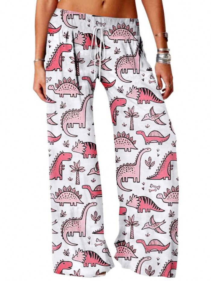 Dinosaur Pajama Pants for Women Comfy Funny Pjs Drawstring Tie Waist Wide Leg Sleepwear Pants 