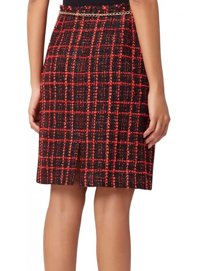 Women's Boucle Check Pencil Skirt with Chain Belt  