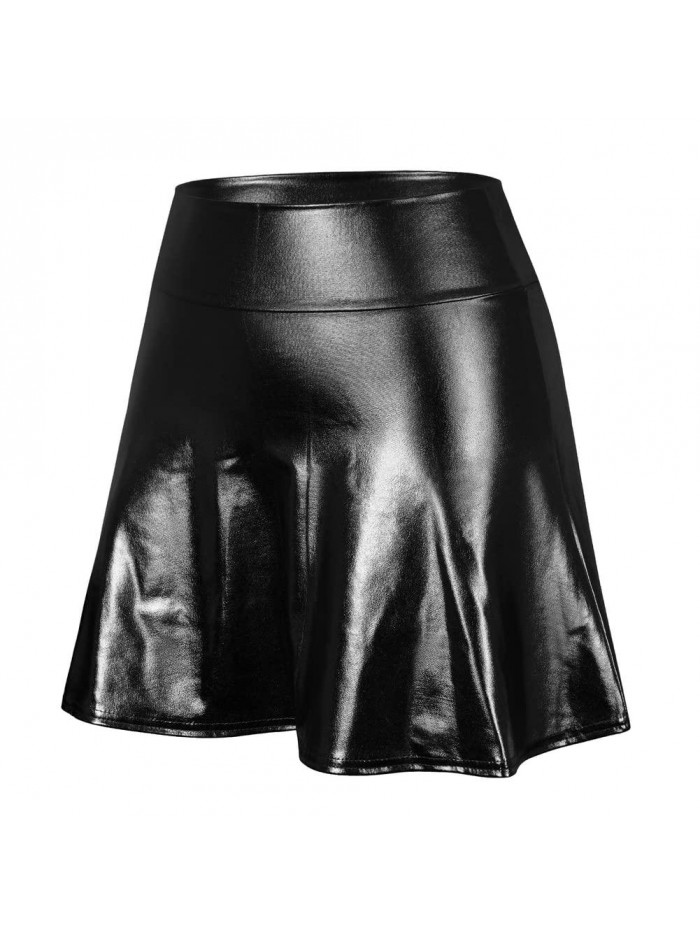 Women's Metallic Skirt Shiny Holographic Y2k Party Flared Pleated Skater Skirts 