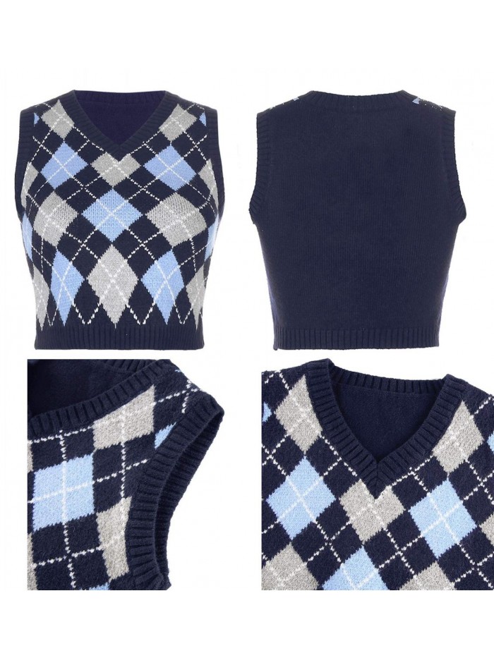 Sweater Vest Argyle Plaid Crop Sweaters Sleeveless Preppy Style Tank Tops 