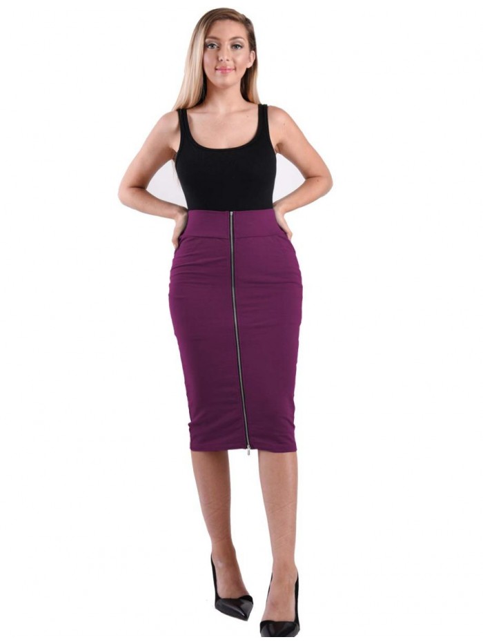 WARE Womens Stylish Exposed Front Zip Stretchy Pencil Skirt 