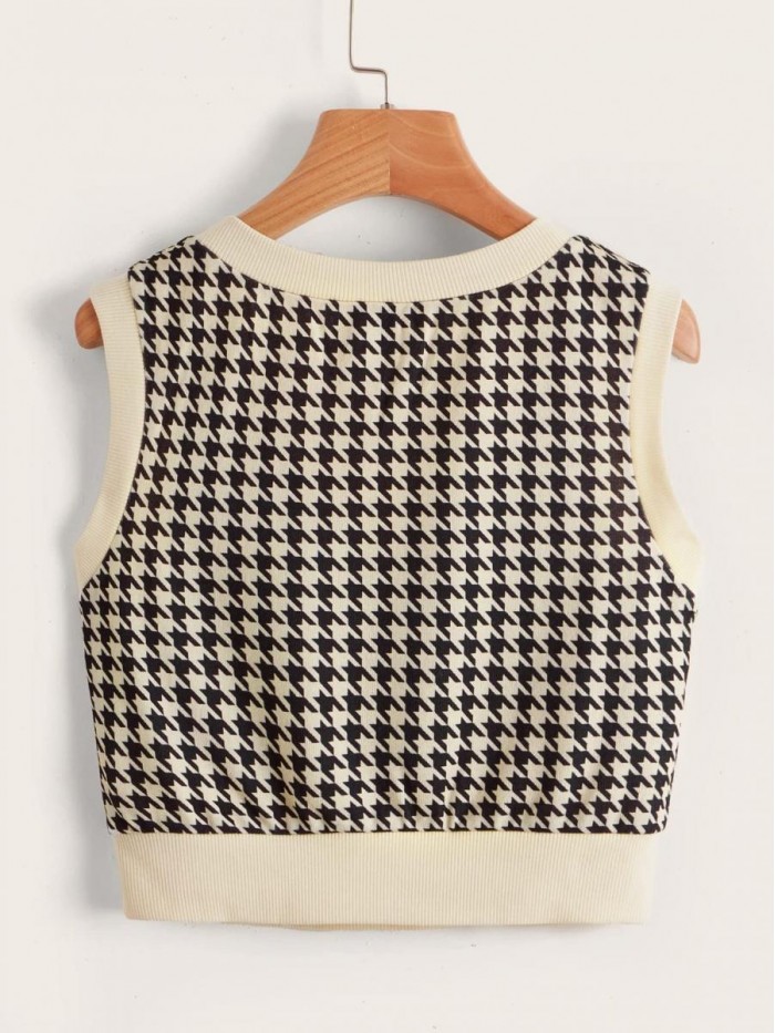 Women's Houndstooth Sleeveless V Neck Pullover Knitwear Top Sweater Vest 