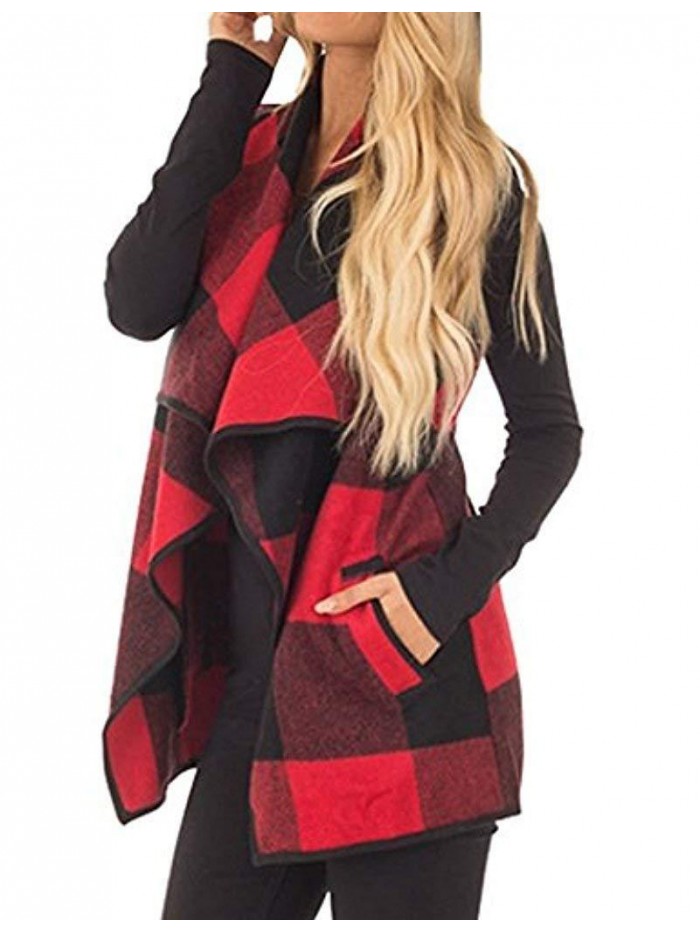 Womens Casual Lapel Open Front Plaid Vest Cardigan Coat with Pockets 