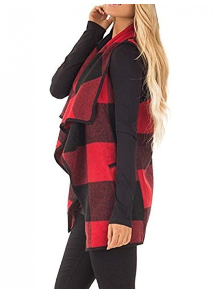 Womens Casual Lapel Open Front Plaid Vest Cardigan Coat with Pockets 