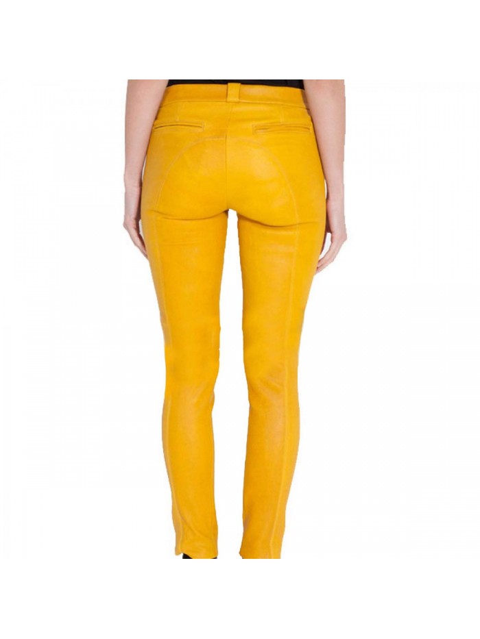 Women's Slim Fit Biker Motorcycle Yellow Faux Leather Pants 