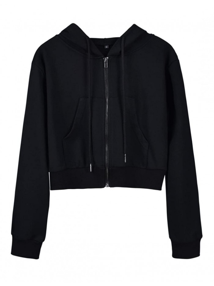 Women's Cropped Hoodie Black Zip Up Cropped Jacket Sweatshirt Tops 