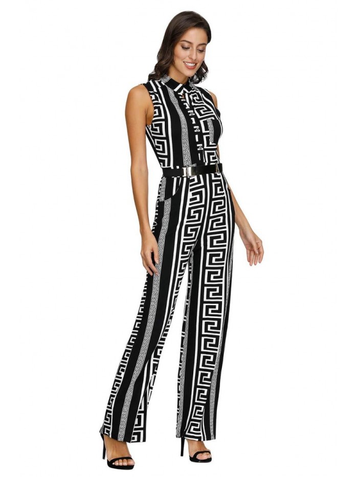 Queen Womens Button Up Printed Long Wide Leg Pant Party Jumpsuits with Belt 