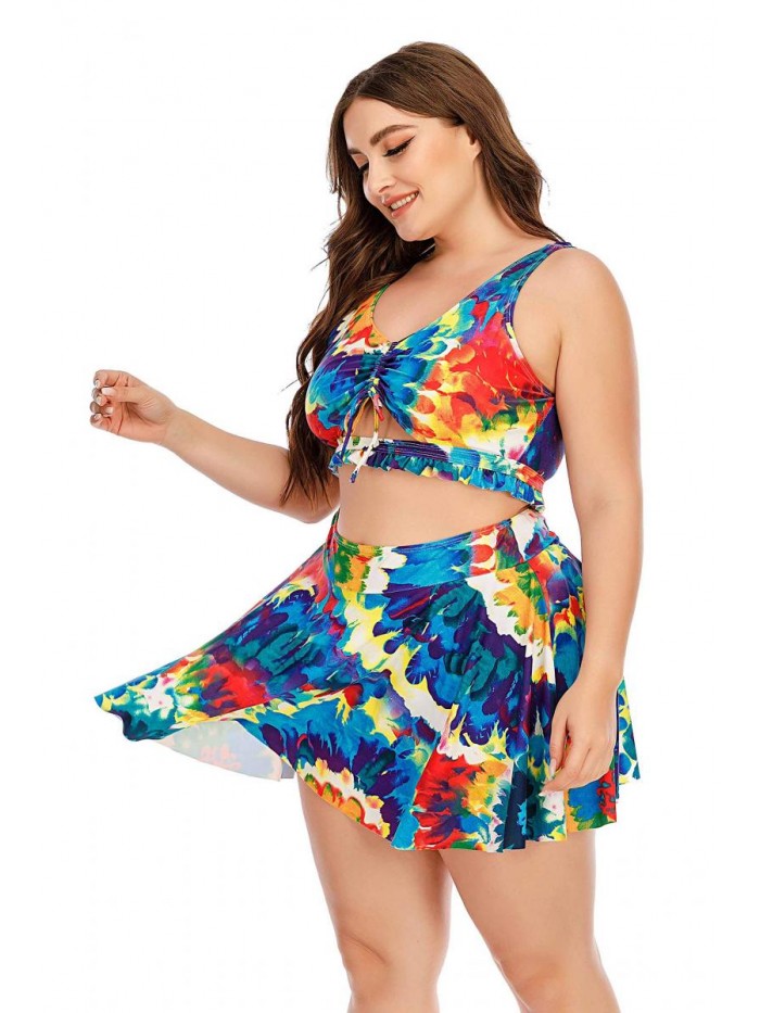 Women's Plus Size Strappy Tropical Leaf Cutout Swimdress Swimsuit 