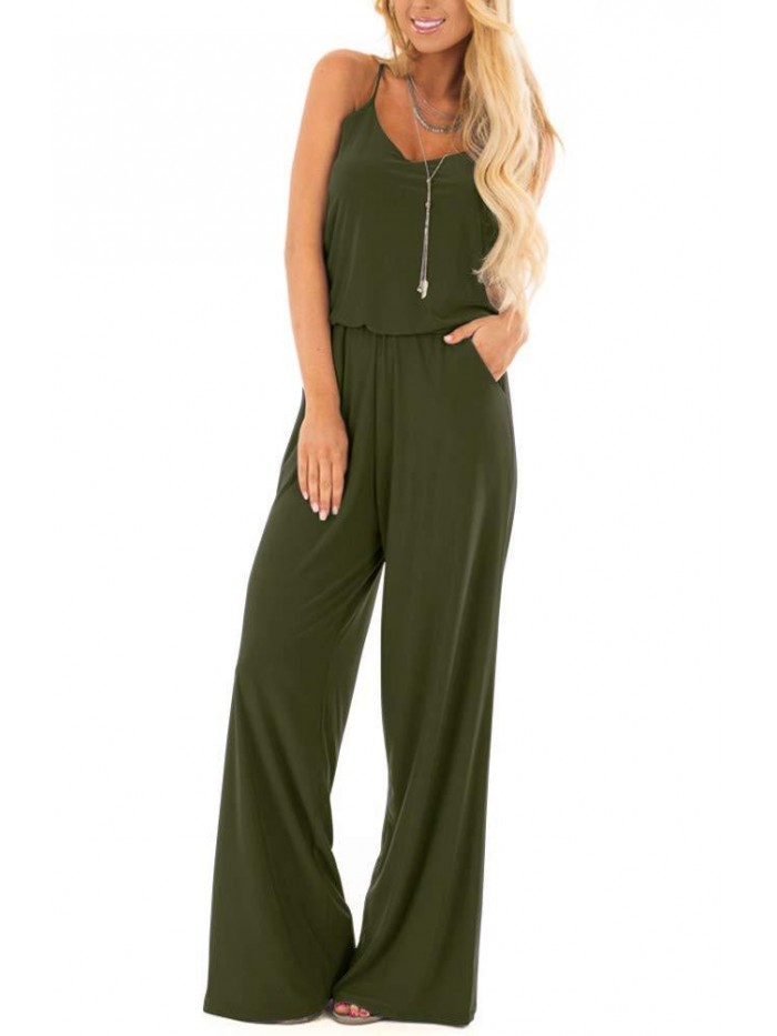 Womens Casual Loose Sleeveless Spaghetti Strap Wide Leg Pants Jumpsuit Rompers 