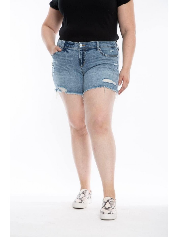 - Premium Women's Plus Size Mid Rise Stretch Denim Shorts (Light Blue) 