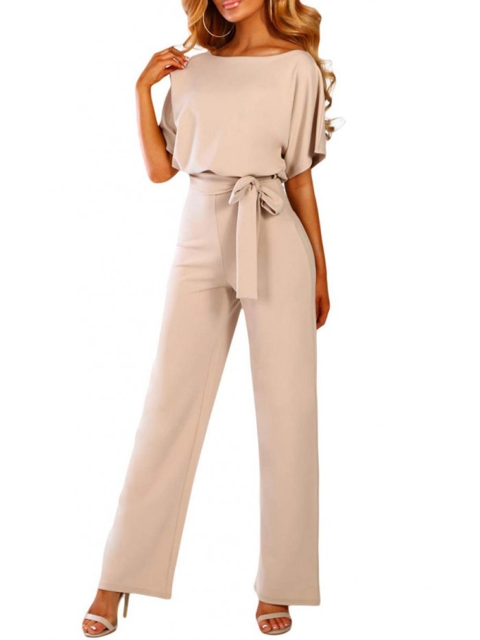 Jumpsuits for Women Casual Loose Batwing Sleeve Crewneck Rompers Long Pants Belted Wide Legs Overall S-XL 