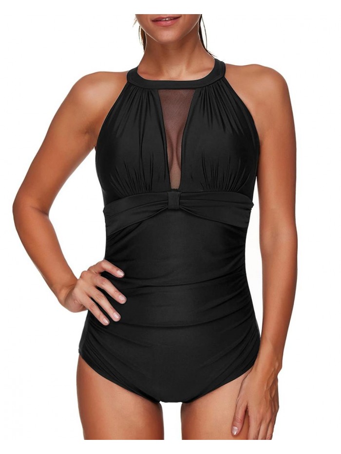 Me Women One Piece Swimsuit High Neck Plunge Mesh Ruched Monokini Swimwear 