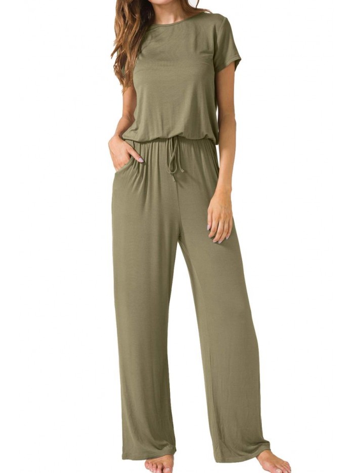 Wide Legs Short Sleeve Casual Summer Jumpsuits For Women 