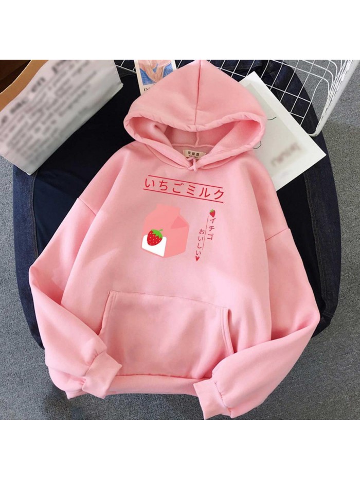 Sweatshirts for Women Teen Girls Cute Strawberry Milk Graphic Hoodies with Pockets Drawstring Pullover Tops 