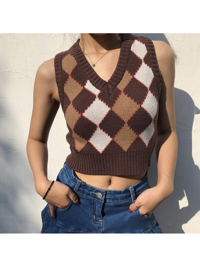 Argyle Sweater Vest Women Y2K Plaid Knitted Streetwear Preppy Style V Neck Crop Knitwear Tank Top for Girl 