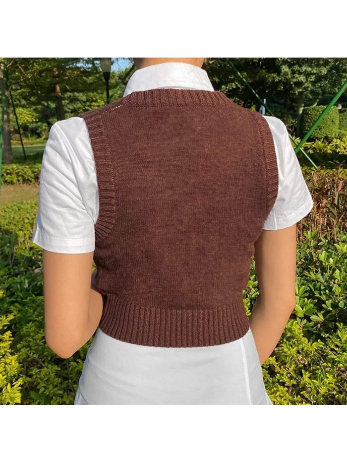 Argyle Sweater Vest Women Y2K Plaid Knitted Streetwear Preppy Style V Neck Crop Knitwear Tank Top for Girl 