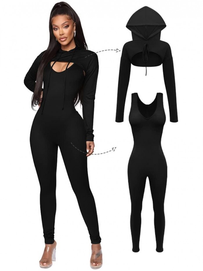 Women's Sexy 2 Piece Outfits Long Sleeve Hooded Crop Top Sleeveless Tank Jumpsuit Set 