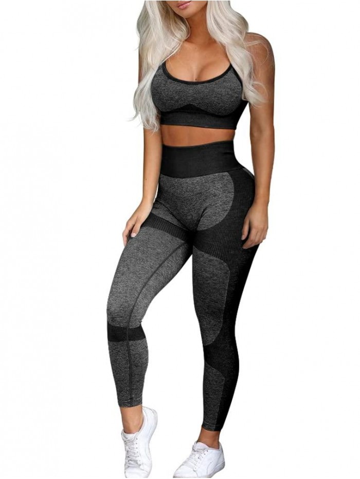 Exercise Outfits for Women Workout 2 Piece Seamless High Waist Leggings with Sport Bra Yoga Set 