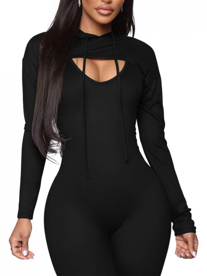 Women's Sexy 2 Piece Outfits Long Sleeve Hooded Crop Top Sleeveless Tank Jumpsuit Set 