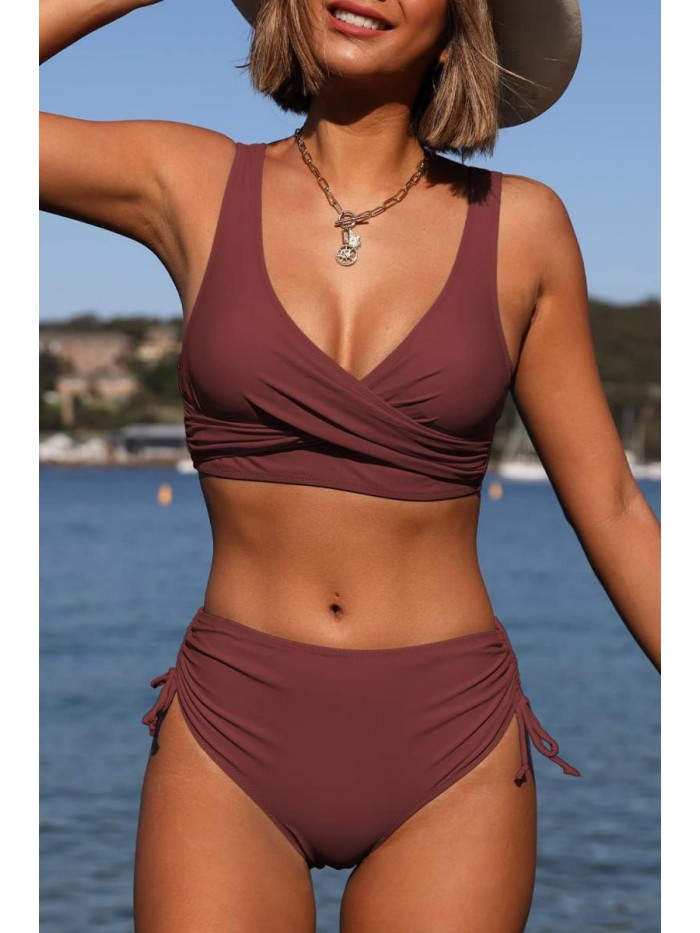 High Waisted Bikini Twist Front Tie Back 2 Piece Swimsuits 