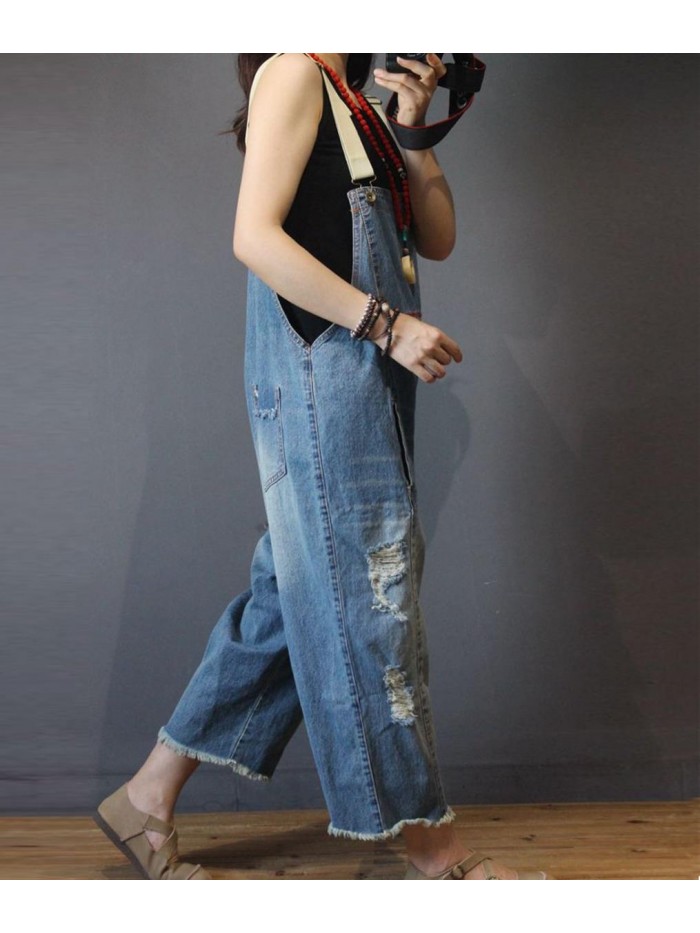 P60 Women Jeans Cropped Pants Overalls Jumpsuits Hand Painted Poled Distressed Casual Loose Fit 
