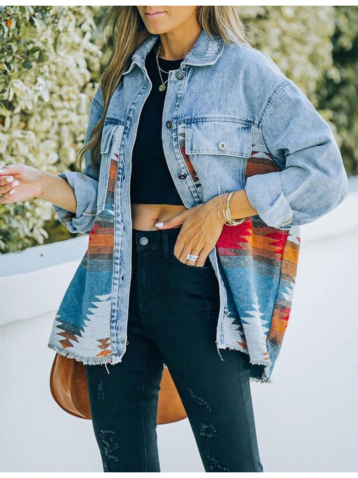 Aztec Denim Jacket for Women Oversized Button Down Distressed Denim Jean Shirt Shacket Jacket 