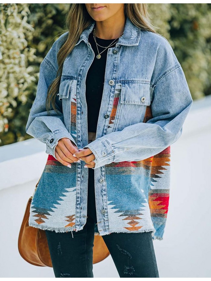 Aztec Denim Jacket for Women Oversized Button Down Distressed Denim Jean Shirt Shacket Jacket 