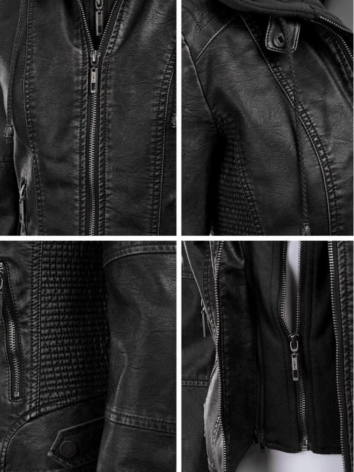 and Love Women's Removable Hooded Faux Leather Jacket Moto Biker Coat 