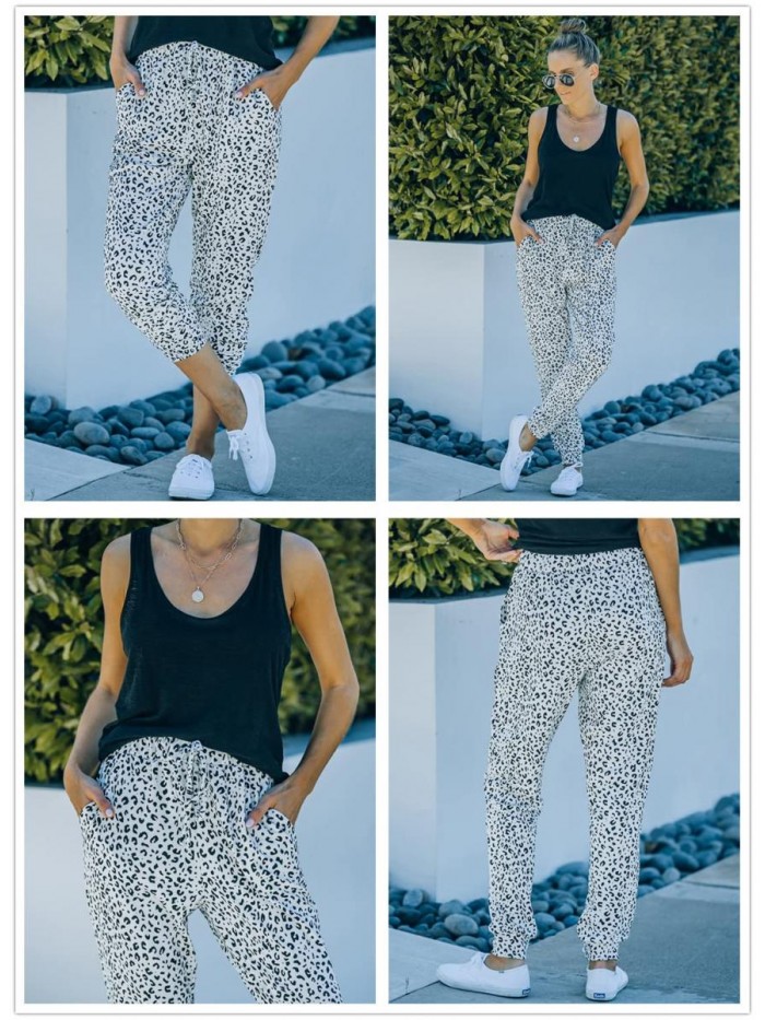 Womens Leopard Drawstring Elastic Waist Sports Lounge Pants with Pockets 