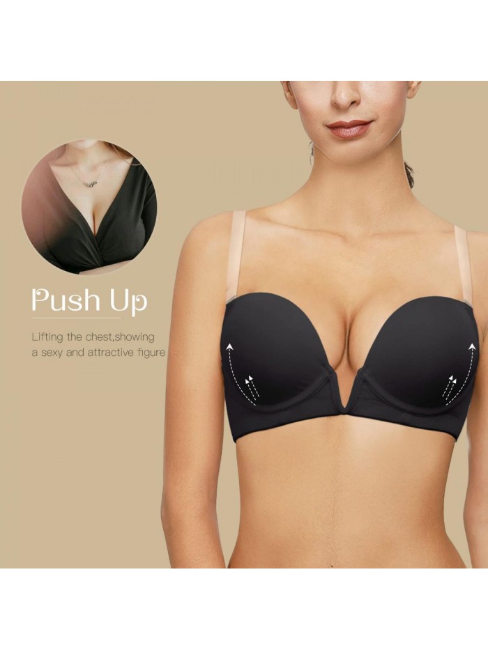 Deep V Plunge Push Up Underwire Bra Low Cut Adjustable Convertible Padded Bras for Women with Clear Strap 