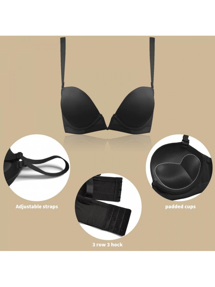 Deep V Plunge Push Up Underwire Bra Low Cut Adjustable Convertible Padded Bras for Women with Clear Strap 