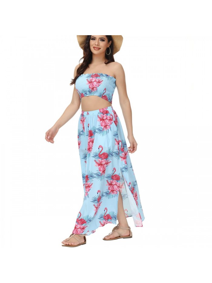 2 Piece Hawaiian Outfits for Women Summer Vacation Beach Floral Crop Top Maxi Skirt Set Luau Split Dress with Pocket 